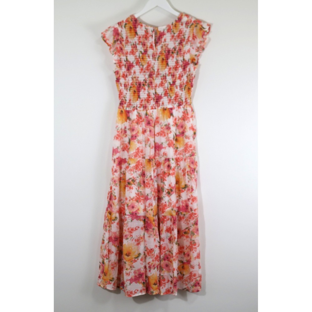 Blu Pepper Floral Smocked Maxi Dress Pink Orange Tiered Ruffle Cap Sleeve Large - Picture 4 of 9